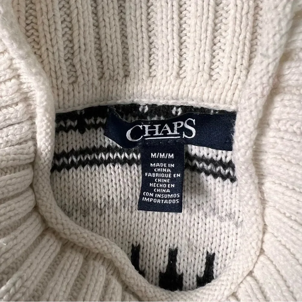 Chaps Ivory & Grey Striped Fair Isle Mock Turtleneck Sweater